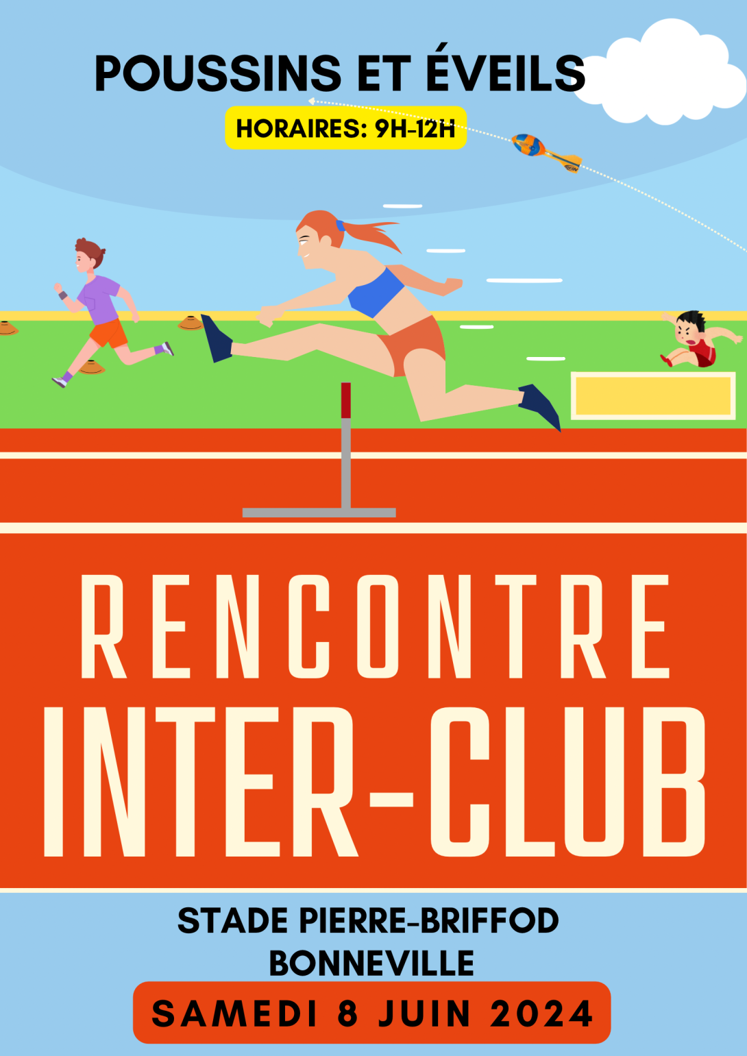 Affiche promotionnelle de la rencontre inter-club Poussins et Éveils prévue le 8 Juin 2024, de 9h à 12h.